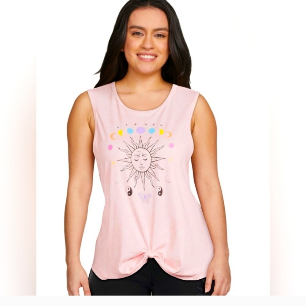 NEW Pink Tie Front Sun & Moon Phases Graphic Tank Top By No Boundaries Junior XL